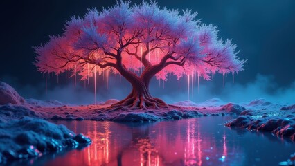 Fototapeta premium A surreal landscape featuring a majestic tree with liquid metal leaves that continuously drip glowing neon colors onto the ground. The metallic reflections bend and shift with unnatural fluidity
