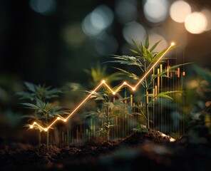Fototapeta premium A graphical representation of upward growth, displayed over young cannabis plants, highlighting potential for increasing value.