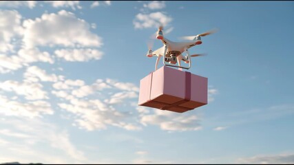 White drone flying in a blue sky. Drone delivers a pink gift box from above during daytime. Express delivery footage. - Powered by Adobe