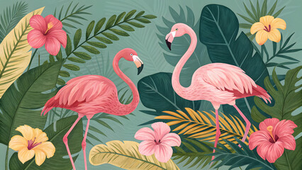 Fototapeta premium Vibrant tropical scene with two pink flamingos amidst lush green foliage and colorful exotic flowers