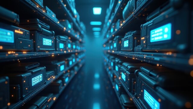 A surreal high-tech archive with glowing digital scrolls floating in a vast cybernetic space. Concept of constantly updates, representing a futuristic AI-driven information database.