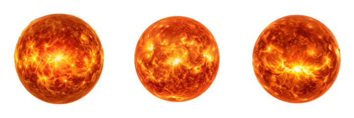 Set For fiery suns isolated on transparent background, radiating heat and light
