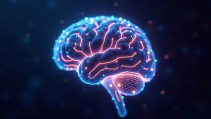 Obraz premium An ultra-modern AI archive represented by a glowing neural network shaped like a brain. Each connection point is a node of archived knowledge, pulsating with electric blue, violet, and golden light.