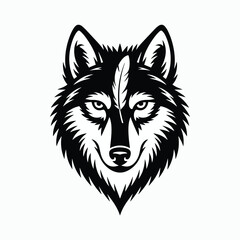 Black silhouette of a wolf head with a feather on its forehead Keywords: wolf, animal, head