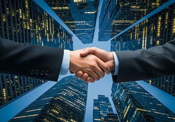 Business handshake connecting global markets with digital technology futuristic cityscape backdrop