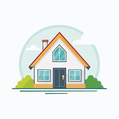 Simple illustration of a house with a gable roof, windows, and stylized landscaping