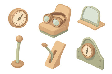 Classic Biplane Cockpit. Isometric vector illustration set Classic Biplane Cockpit Details: analog altimeter dial, leather flight