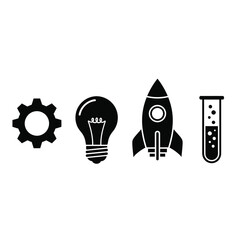 A collection of four black icons representing industry, innovation, space exploration, and scientific research.