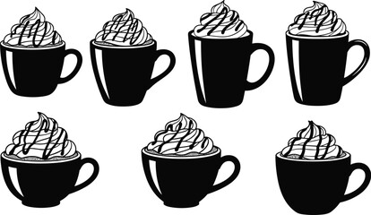 Collection of coffee cup and mug silhouettes with whipped cream topping, cute cartoon style, decorative black and white vector illustration