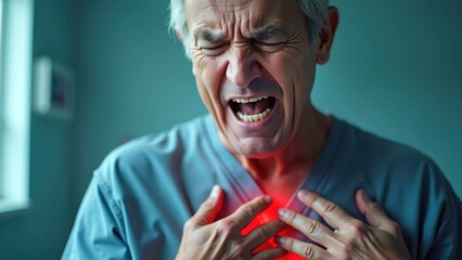 A hyperrealistic close-up of a middle-aged person clutching their chest with a painful grimace, veins visible on their hands. The background is blurred, showing a hospital setting.