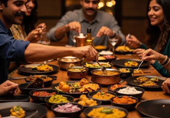 Friends and family enjoying a delicious indian feast, sharing a meal, cultural dining experience, vibrant food spread