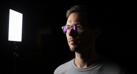 Obraz premium Young caucasian male in glasses lit dramatically from the side against black background