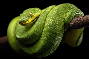Green Snake Resting on a Tree Branch in a Dark Setting