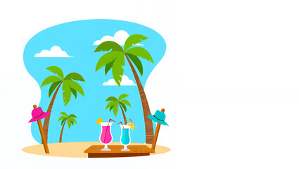 Obraz premium Tropical beach scene with palm trees, cocktails, and hats, evoking a sense of vacation and relaxation.