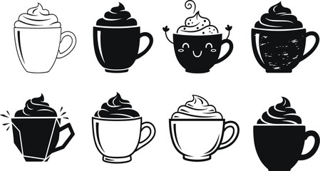 Collection of coffee cup and mug silhouettes with whipped cream topping, cute cartoon style, decorative black and white vector illustration
