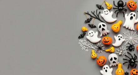 Fototapeta premium Halloween flat lay featuring ghosts pumpkins bats and spiders on a gray background creating a spooky and festive autumn holiday arrangement for seasonal celebrations and decorations