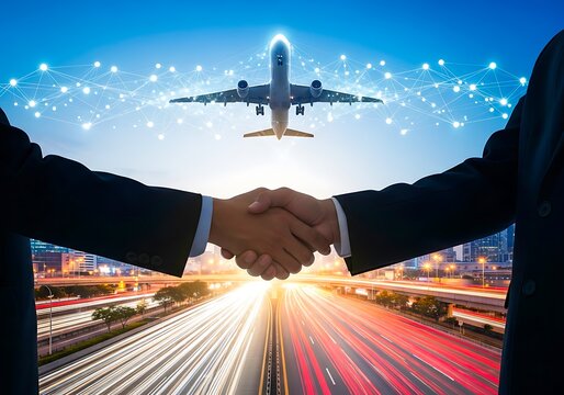 Global business partnership agreement shaking hands under airplane with city lights