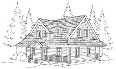 Obraz premium Cabin with Trees, Hand Drawn Architectural Sketch on White