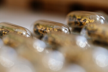Close up of blister pack with transparent capsules filled with herbal granules. Concept of vitamins, dietary supplements, natural medicine, pharmaceutical products, healthcare and wellness industry