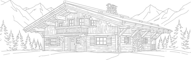 Fototapeta premium Chalet in mountains, line drawing of alpine cabin in winter