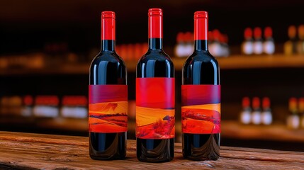 Red wine bottles on wooden counter