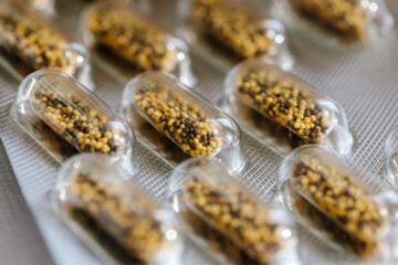Blister pack of transparent capsules filled with herbal granules. Concept of dietary supplements, vitamins, natural medicine, pharmaceutical products and healthcare industry background
