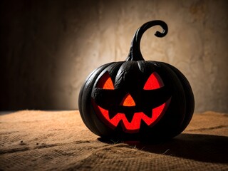 Black Scary Pumpkin with Glowing Face for Halloween party