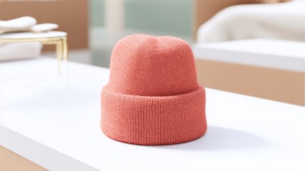 Coral knitted beanie hat