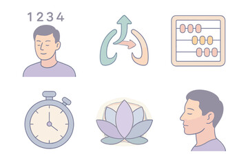 Breath Meditation Icons. Isometric vector illustration set Breath Counting Meditation: number sequence above head, glowing inhale