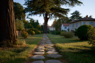 Fototapeta premium Mental wellness, minimalist, calm: Minimalist garden path exudes tranquility as it winds through lush greenery