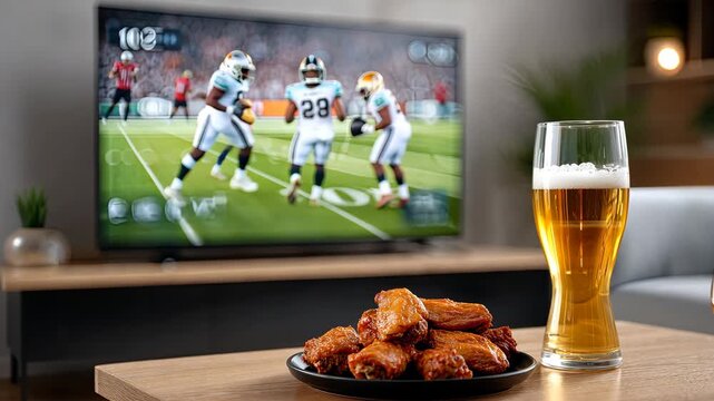 Friends gather around snacks and drinks, enjoying the thrill of a close football match at home, celebrating game day excitement