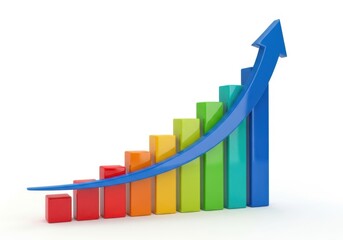 Colorful bar graph showing upward trend with blue arrow isolated on white background