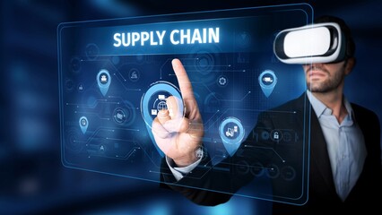 A business professional engages with a virtual reality interface showcasing intricate supply chain data visuals, focusing on innovative technology and digital interaction. Raster