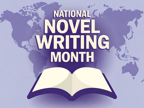 Celebrate national novel writing month with an open book and world map background - Powered by Adobe