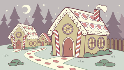 Fototapeta premium A whimsical village of gingerbread houses under a starry night sky, with a crescent moon and winding stone paths, evoking a sense of holiday magic