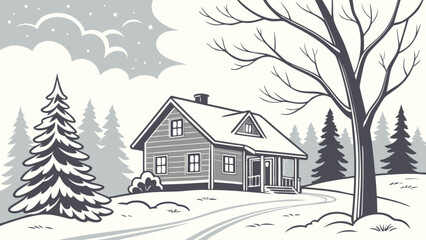 Winter wonderland a cozy cabin nestled in a snowy forest, surrounded by tall pine trees and a blanket of fresh snow, creating a serene and peaceful scene