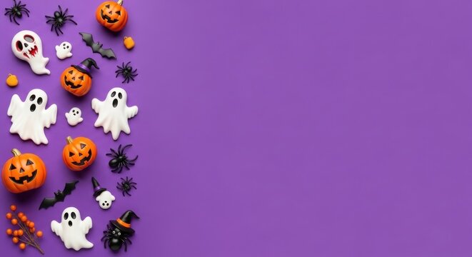 Halloween flat lay with pumpkins ghosts bats and spiders on a purple background creating a festive and spooky seasonal arrangement with ample copy space for text and design