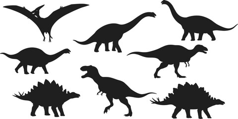 Dinosaur silhouettes vector illustration featuring Tyrannosaurus rex, Stegosaurus, Brachiosaurus, Pteranodon, and prehistoric creatures in black isolated wildlife design