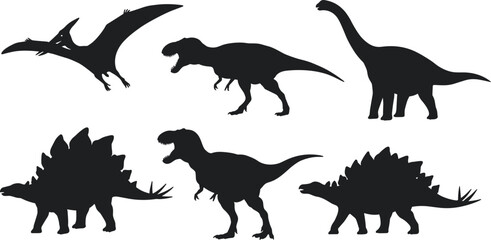 Dinosaur silhouettes vector illustration featuring Tyrannosaurus rex, Stegosaurus, Brachiosaurus, Pteranodon, and prehistoric creatures in black isolated wildlife design