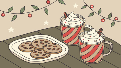 Warm cocoa and cookies under festive lights evoke a cozy christmas atmosphere in a delightful, handdrawn illustration, perfect for holiday cheer