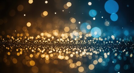 Abstract background of glowing bokeh lights in warm golden and cool blue tones, creating a magical and festive atmosphere with a shallow depth of field