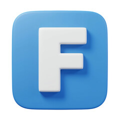 Letter F icon 3d rendering on rounded square button blue background