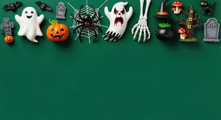 Halloween decorations featuring ghosts pumpkins bats spiderweb cauldron skeleton hand gravestones and haunted house on a dark green background creating a spooky festive atmosphere