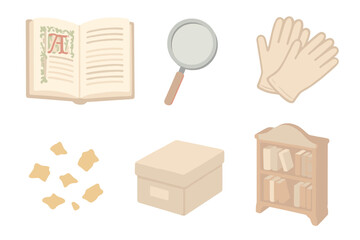 Collector's Treasures Icons. Isometric vector illustration set Collector’s treasures: illuminated folio, magnifier lens,