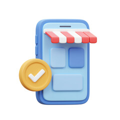 Online Shopping App Interface with Coin and Checkmark Symbolizing Successful Transaction and Purchase