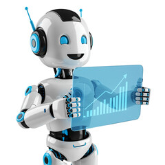 Smiling robot showing positive growth chart on transparent screen isolated on black background