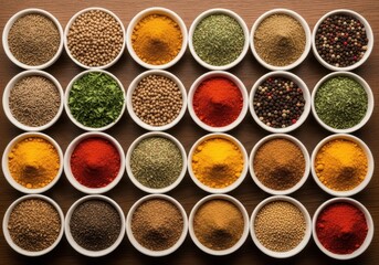 Overhead view of a wooden table filled with small white bowls containing a colorful assortment of various spices and herbs