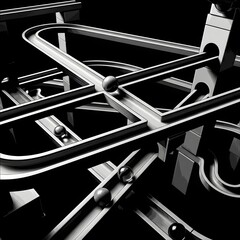 Intricate abstract black and white photograph of a complex marble run system with multiple tracks and rolling spheres