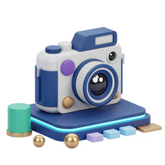 Stylized 3D Camera on Platform with Spheres and Cubes in Vibrant Colors Illustration