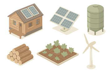 Isometric Off-Grid Living. Isometric vector illustration set Off-grid living: solar cabin, panel array, water tank, wind turbine,